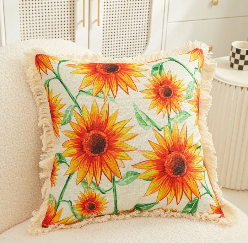 Tassel Sunflower Linen Printed Pillowcase Home Bedroom Bedside Soft Upholstery Pillow Home Couch