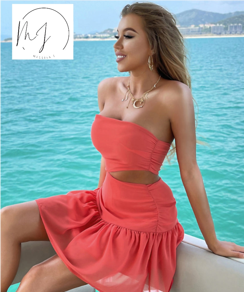 Off Shoulder Cut-Out Ruffle Dresses