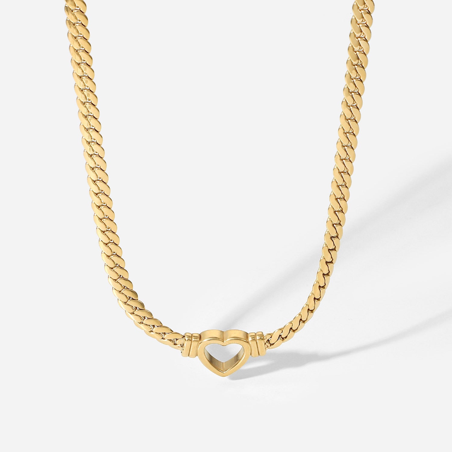 Stainless Steel Cuban Chain Heart Necklace 14K