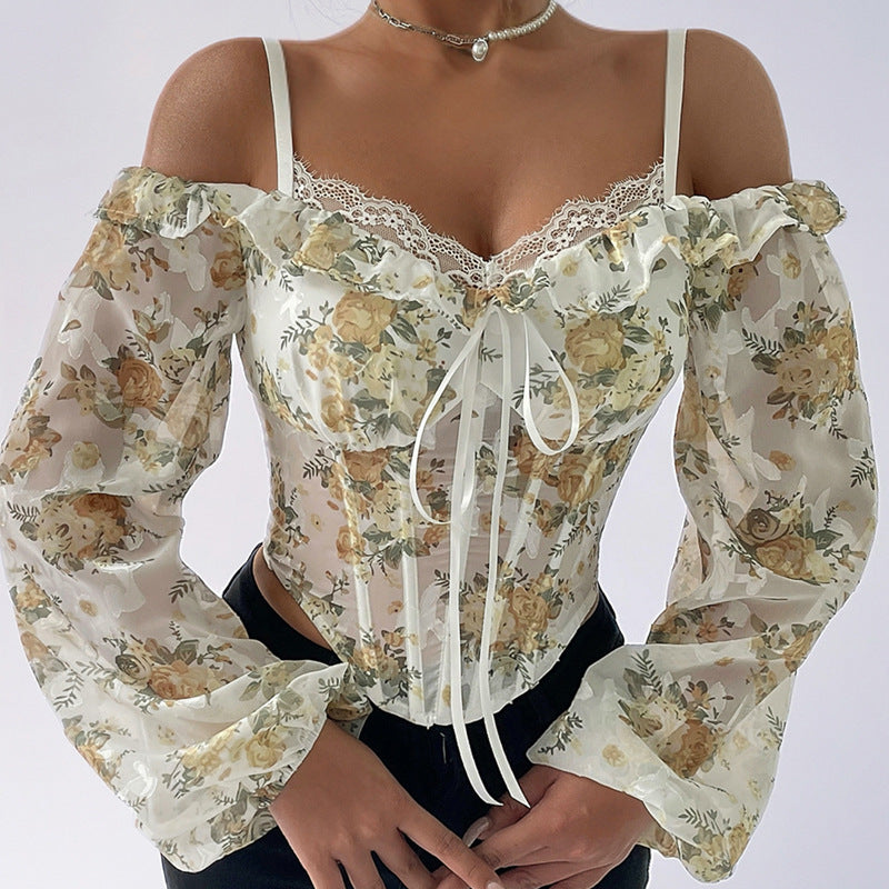 A Figure-Hugging Top With A Floral Print, Featuring A Fishbone Design