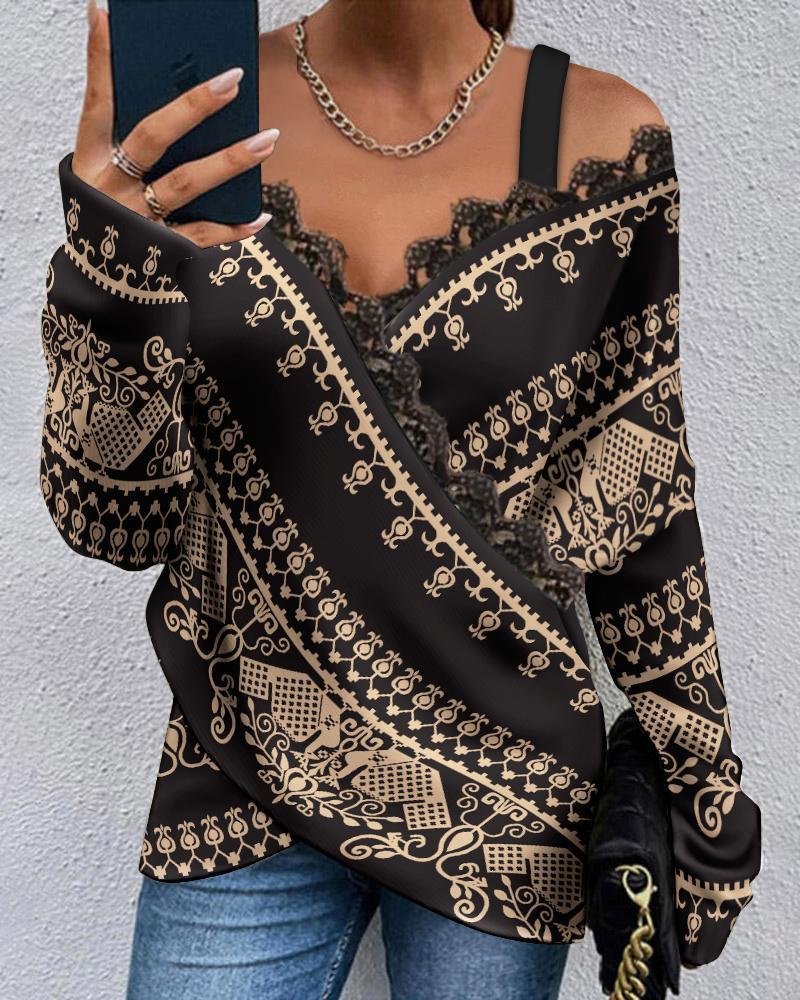Lace Stitching Printed Long-Sleeved Top