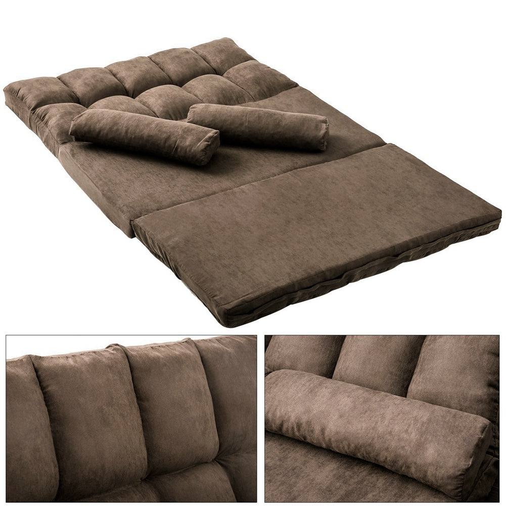 Double Chaise Lounge Sofa Chair Floor Couch with Two Pillows (Brown)