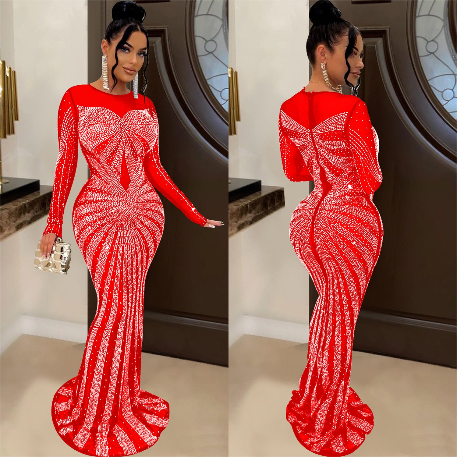 Women's Solid Color Mesh See-through Hot Drill Long-Sleeved Long Dress