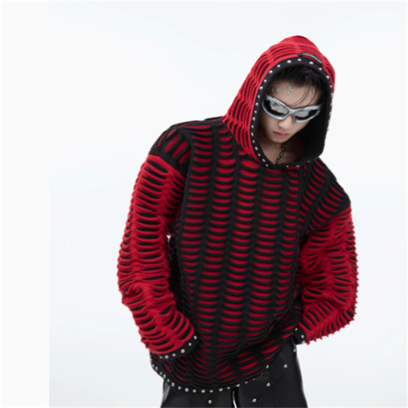 Contrast Color Knitted Hooded Sweatshirt With Metal Rivets For Women