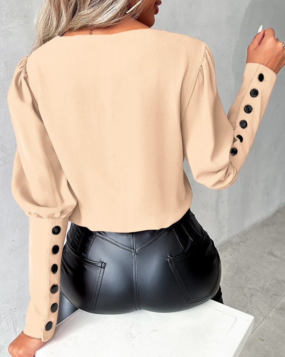 Fashion V-Neck Long Sleeve Blouse With Button Design Commuter Leisure Solid Shirt Top Womens Clothing