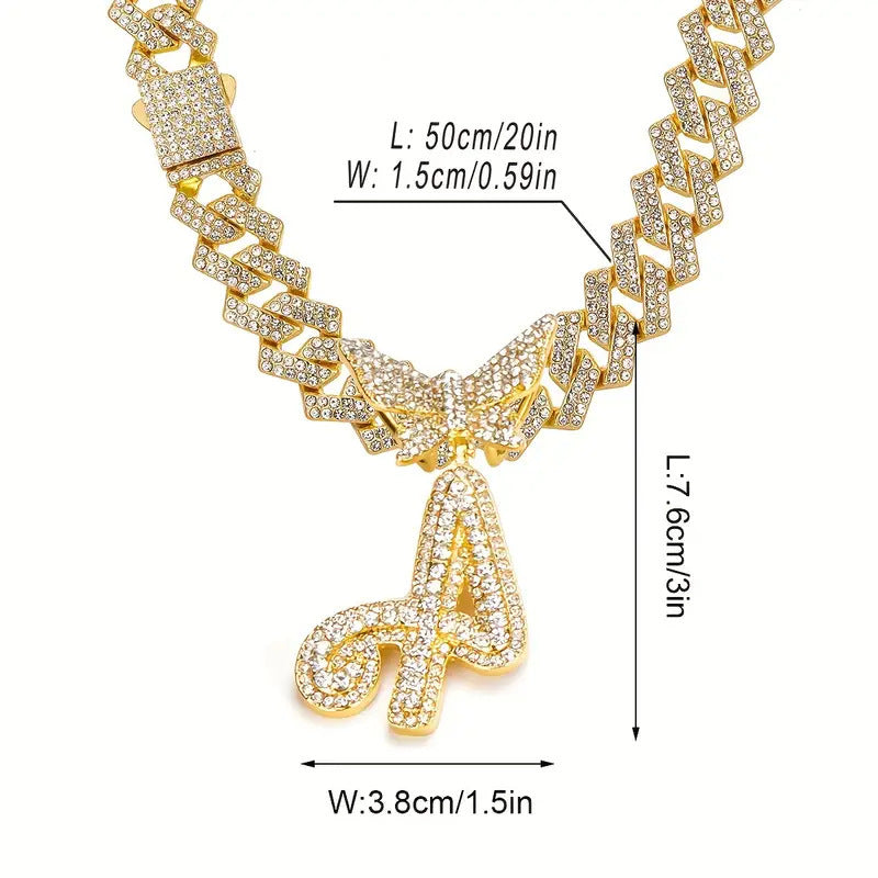 English Letter Alloy Rhinestone Pendant Necklace Butterfly
