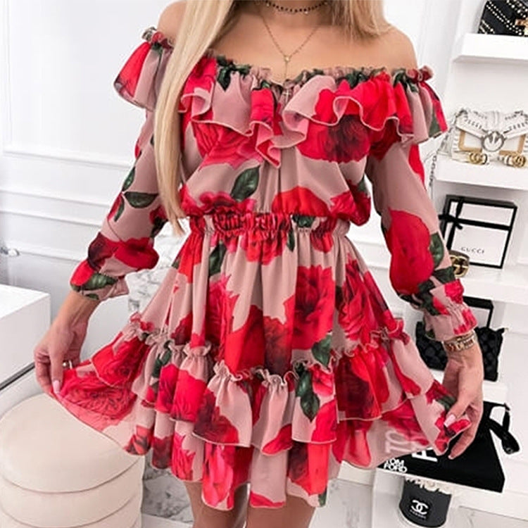 Printed One-Shoulder Fungus Edge Cake Dress