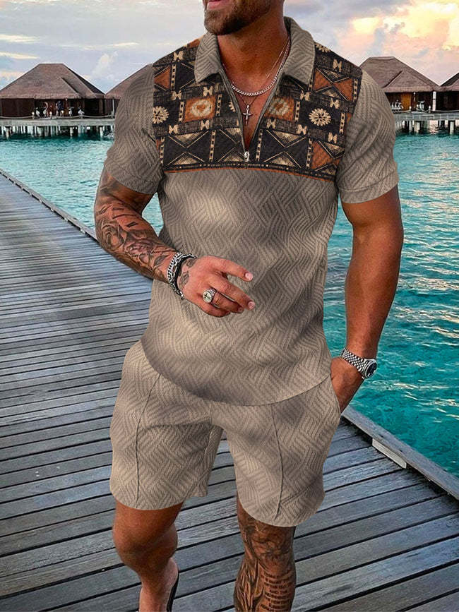 Men's Summer Fashion 3D Printed Short Sleeve Geometric Zip Lapel Shirt Set