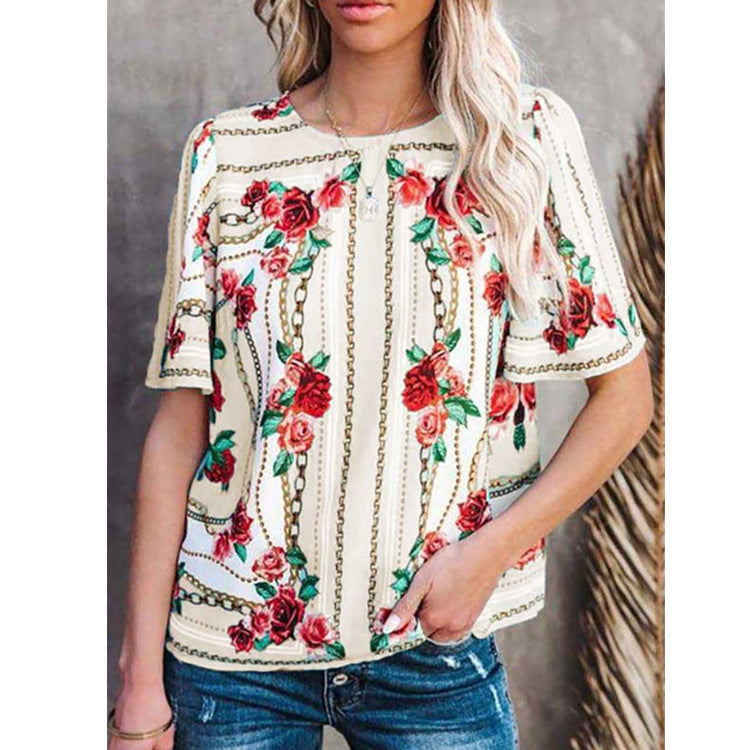 Women's Fashion Round Neck Short Sleeve T-Shirt Print Top