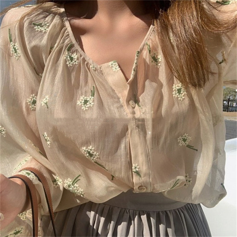 Women's 3D Embroidered Nude Beige Blouse