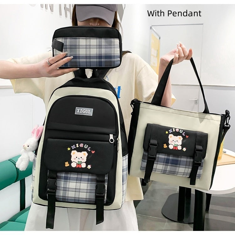 Large Capacity High School Plaid Three-Piece Set Junior High School Student Elementary School Studebt Backpack