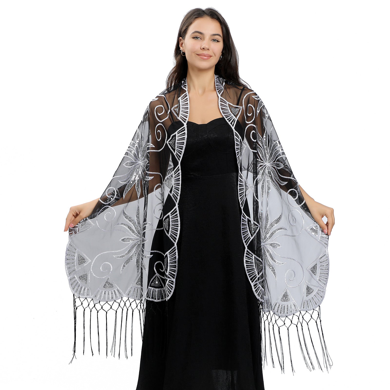 Long Sequined Embroidered Feather Shawl