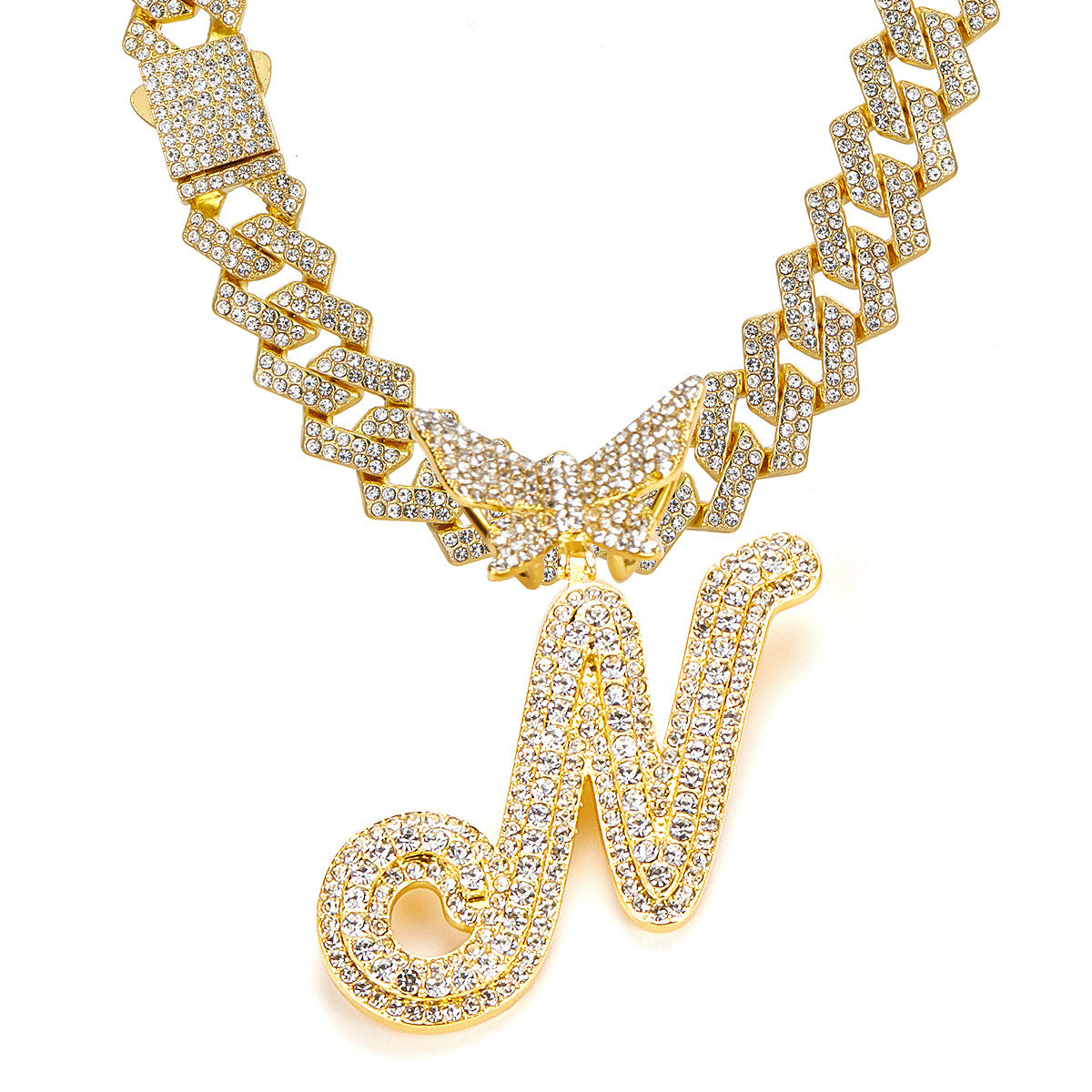 English Letter Alloy Rhinestone Pendant Necklace Butterfly