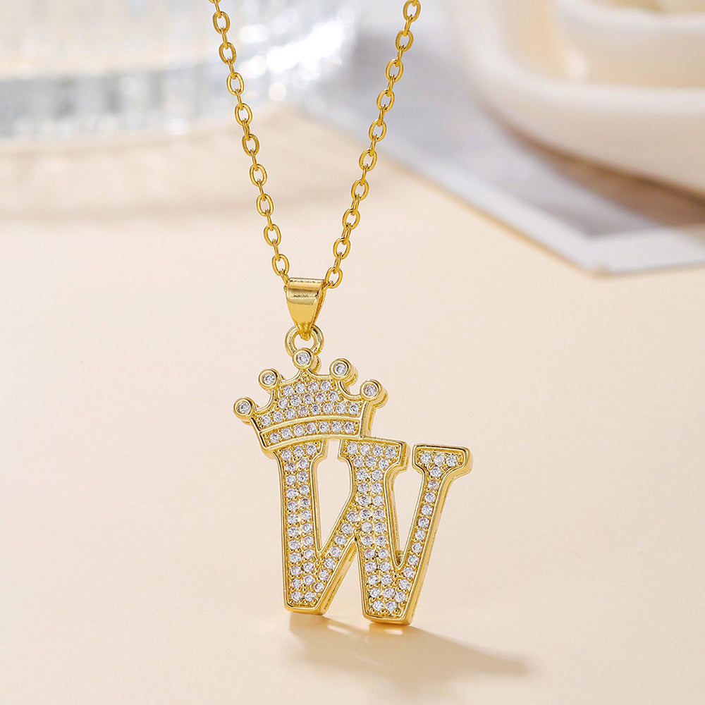 1PCS Fashionable Gold Diamond Crown Uppercase Letter Popular Pendant Necklace, Suitable For Daily Use, Festivals, Parties, Gifts Jewelry Set