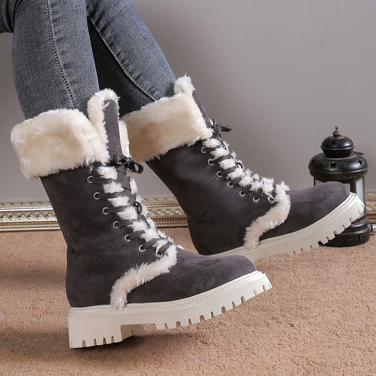 Winter Lace-up Snow Boots For Women Mid-Tube Fleece Shoes Warm Chunky Heels Plush Boot