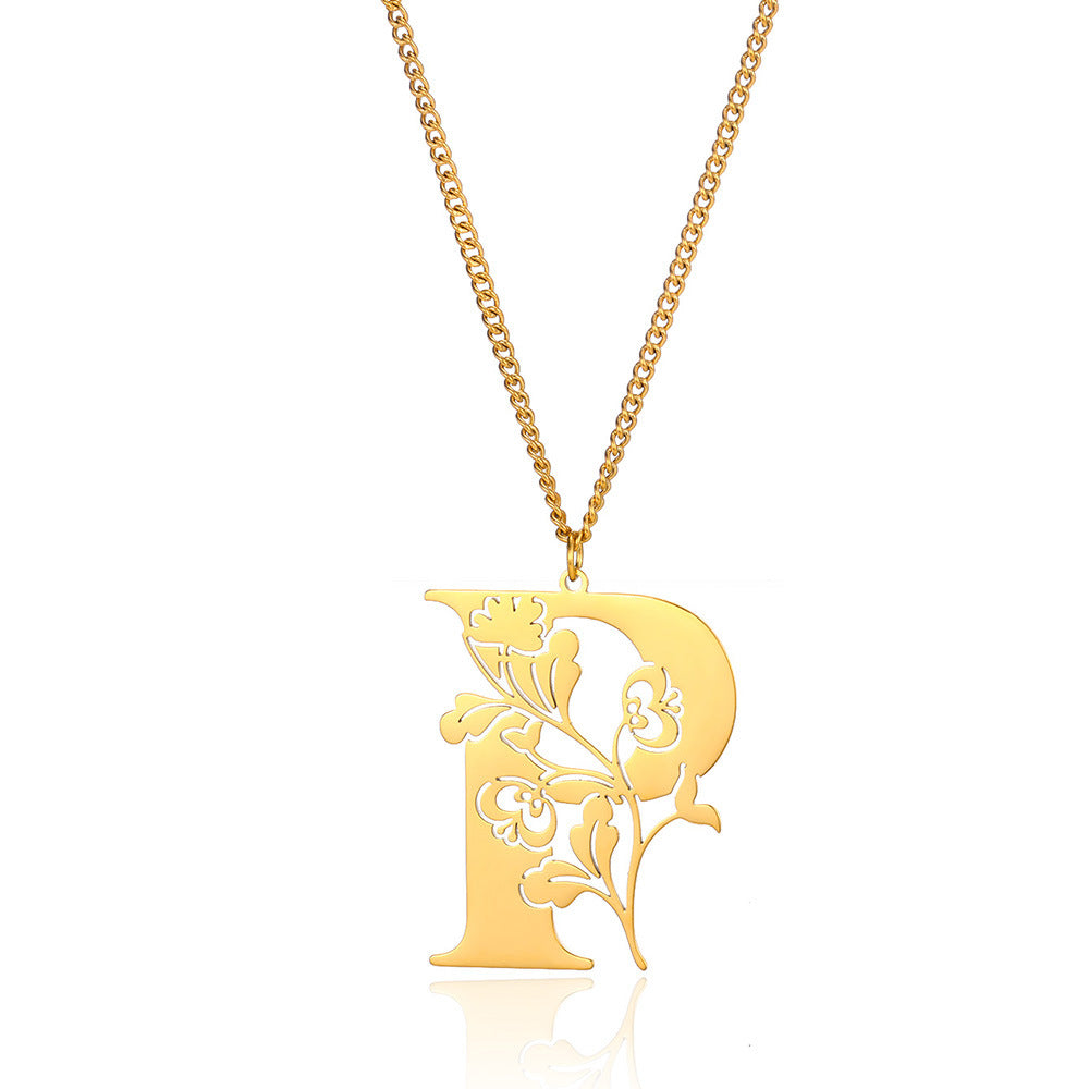 Stainless Steel 26 English Flower Letter Necklace