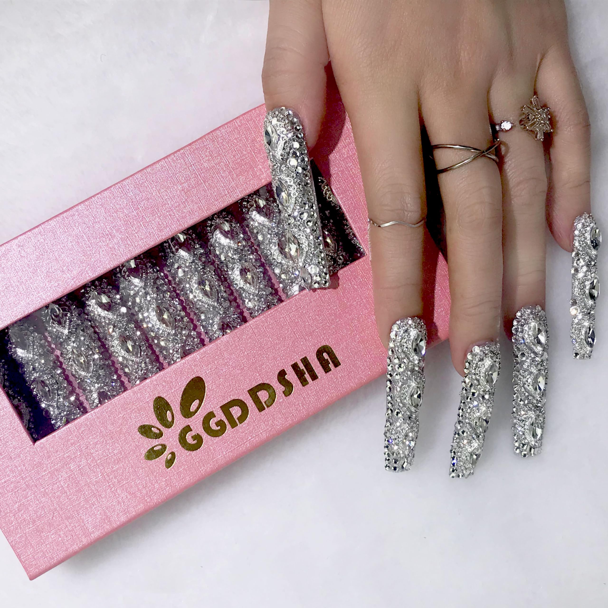 GGddsha Queen Of Haute Style Full Diamond Long NailsPMMA Acrylic Handmade Full Deluxe 3D Crystal Fake Nailsw Box, Gift For Women,Luxe Divinity