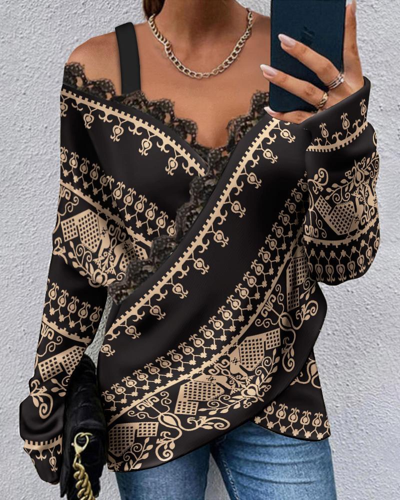 Lace Stitching Printed Long-Sleeved Top