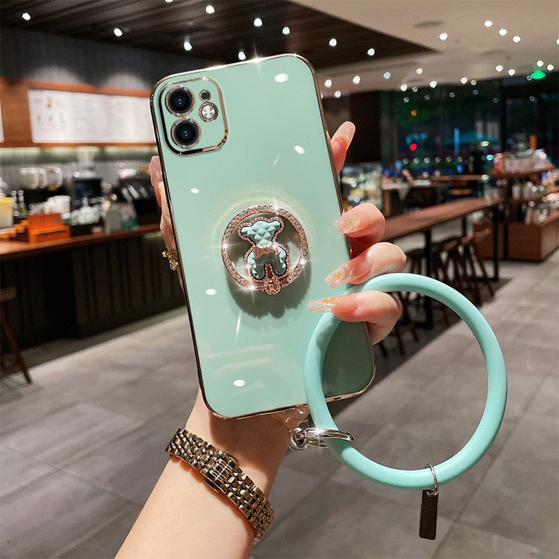 Electroplated Rhinestone Round Bracket Bear Cute High-level Luxury Protective Cover All-Inclusive Anti-Fall Soft Shell