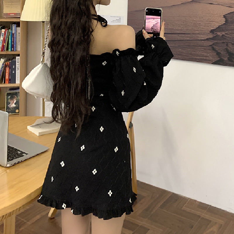 One-Shoulder Bowknot Design High-Waist Chiffon Pullover Long-sleeved A-Line Skirt