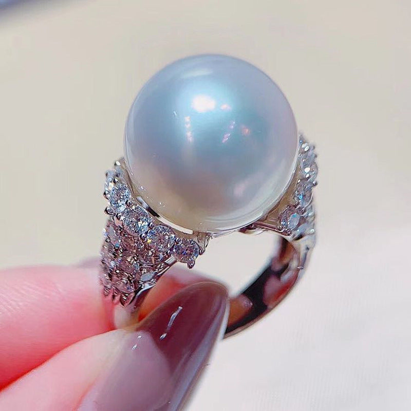 Large Pearl Full Diamond Luxury Inlaid Zircon Light Luxury Closed Pearl Ring