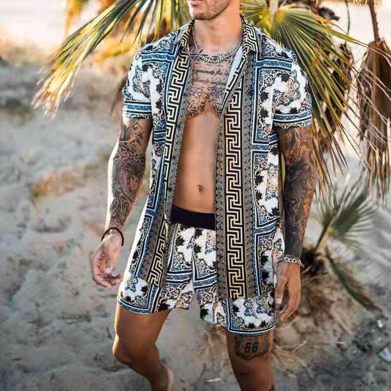 Print Lapel Short Sleeve Shirt Set Summer Mens Fashion Beach