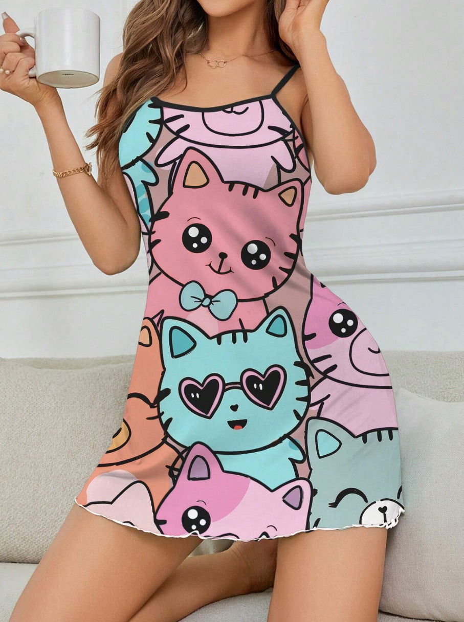 Women's Cat Printing Slip Nightdress