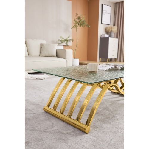 47 Rectangle Modern Stainless Steel Coffee Table, Water Ripple Tempered Glass Coffee Table, Center Table, For Living Room Home Office, Easy Assembly, Gold