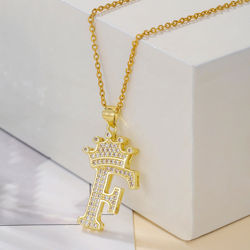 1PCS Fashionable Gold Diamond Crown Uppercase Letter Popular Pendant Necklace, Suitable For Daily Use, Festivals, Parties, Gifts Jewelry Set