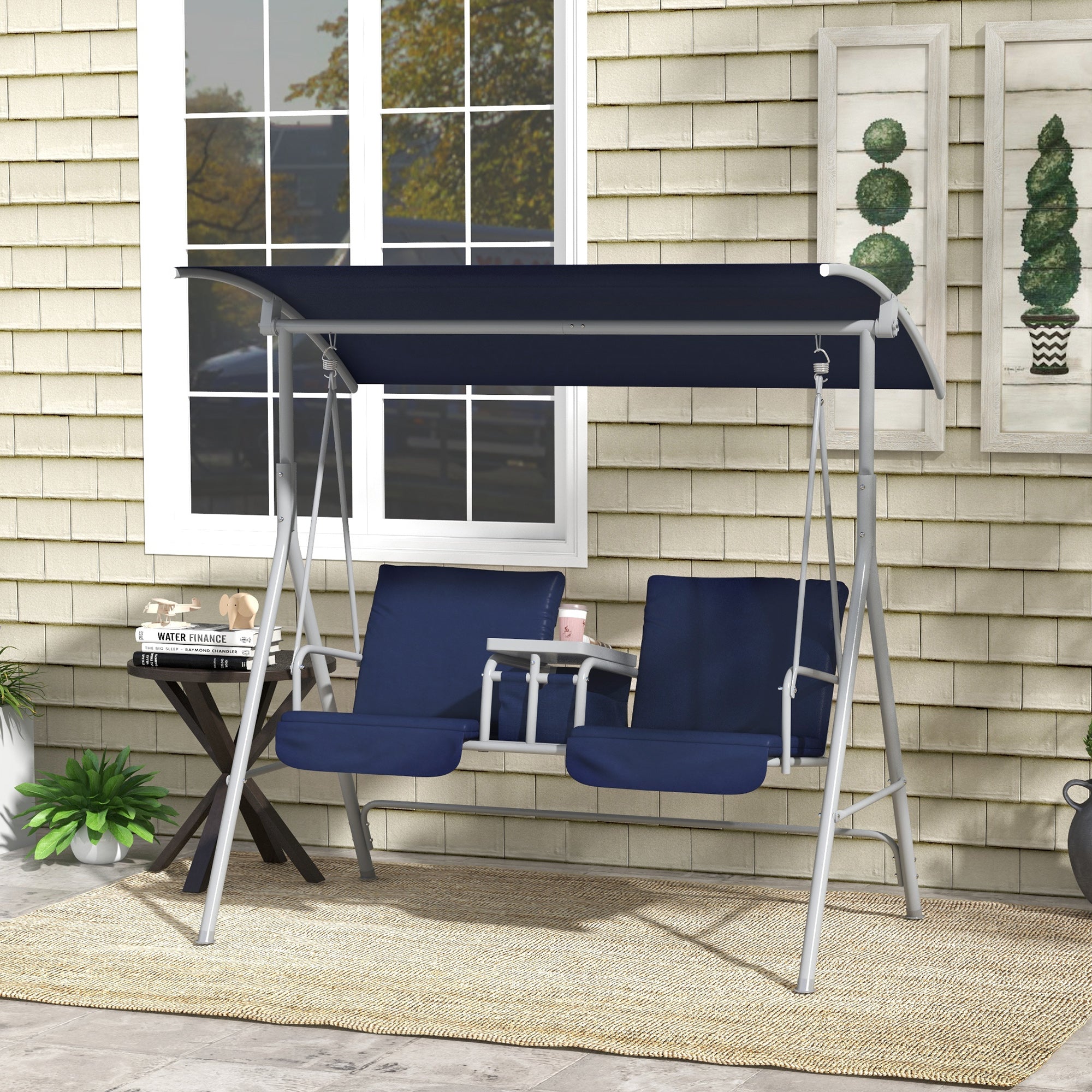 2-Seater Outdoor Porch Swing With Canopy And Table, Patio Swing Chair For Garden, Poolside, Backyard, Dark Blue