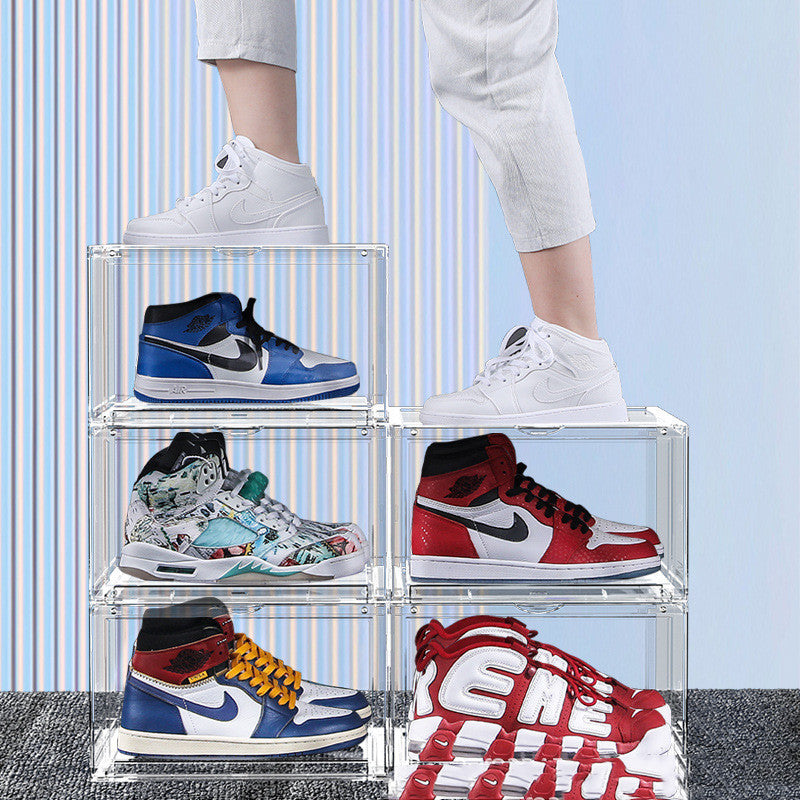 High Transparent Shoe Box Storage Display Side Door Magnetic Suction