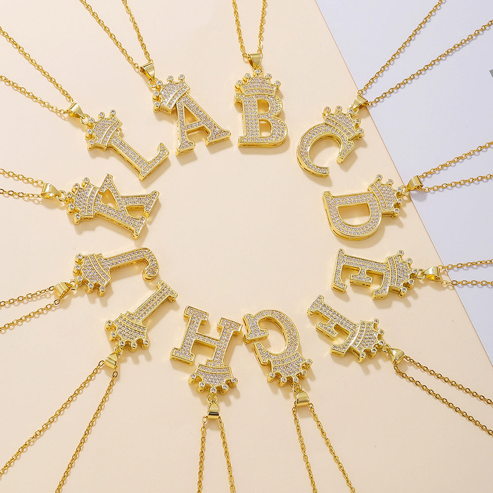 1PCS Fashionable Gold Diamond Crown Uppercase Letter Popular Pendant Necklace, Suitable For Daily Use, Festivals, Parties, Gifts Jewelry Set