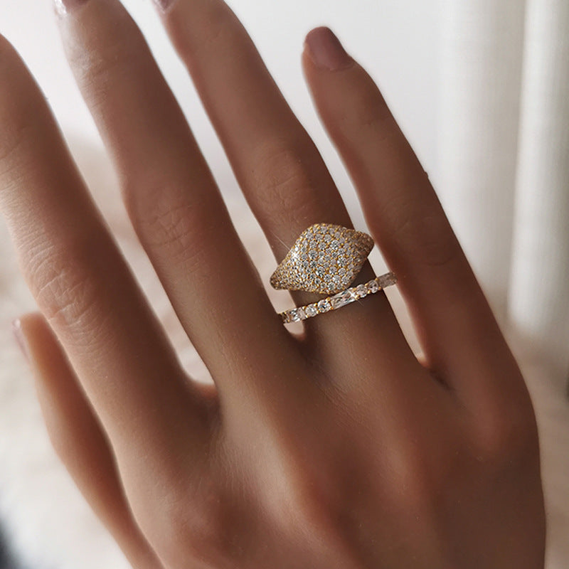 S925 Silver Tide Full Diamond Square Net Red Simple Cold Style Personality Ring