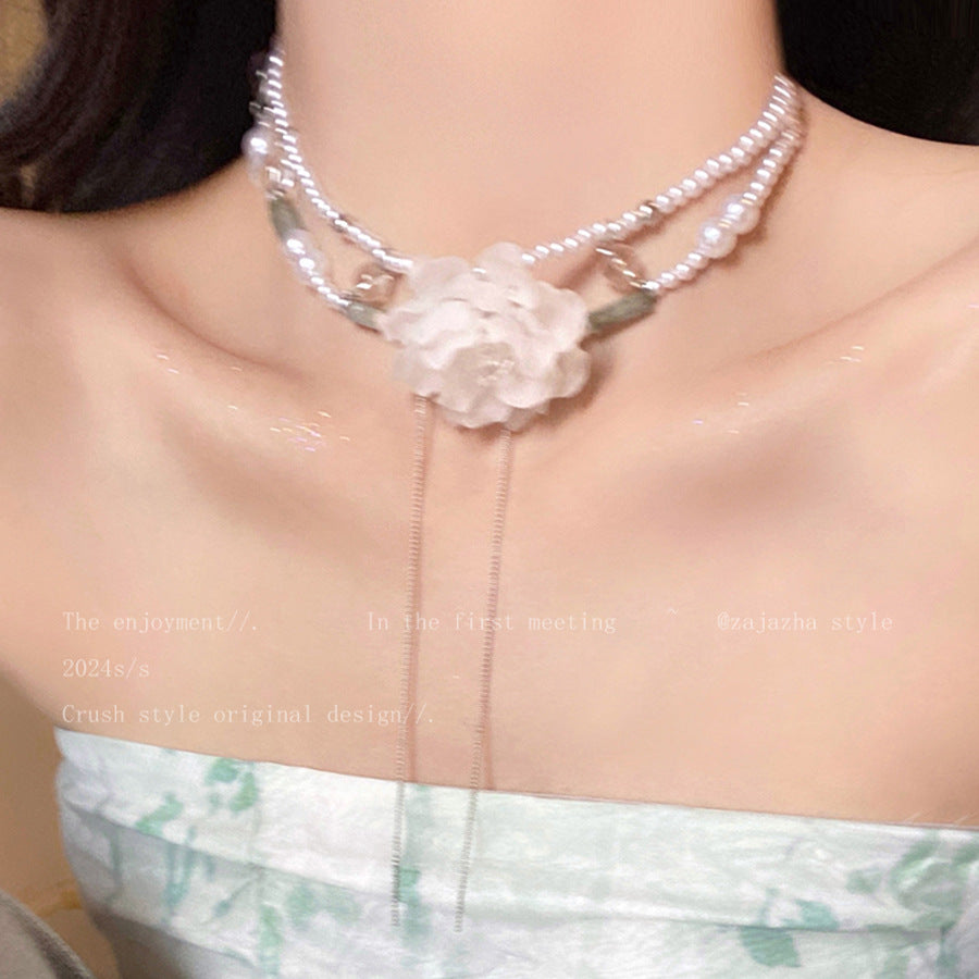 New Rhinestone Pearl Tassel Double-Layer Necklace