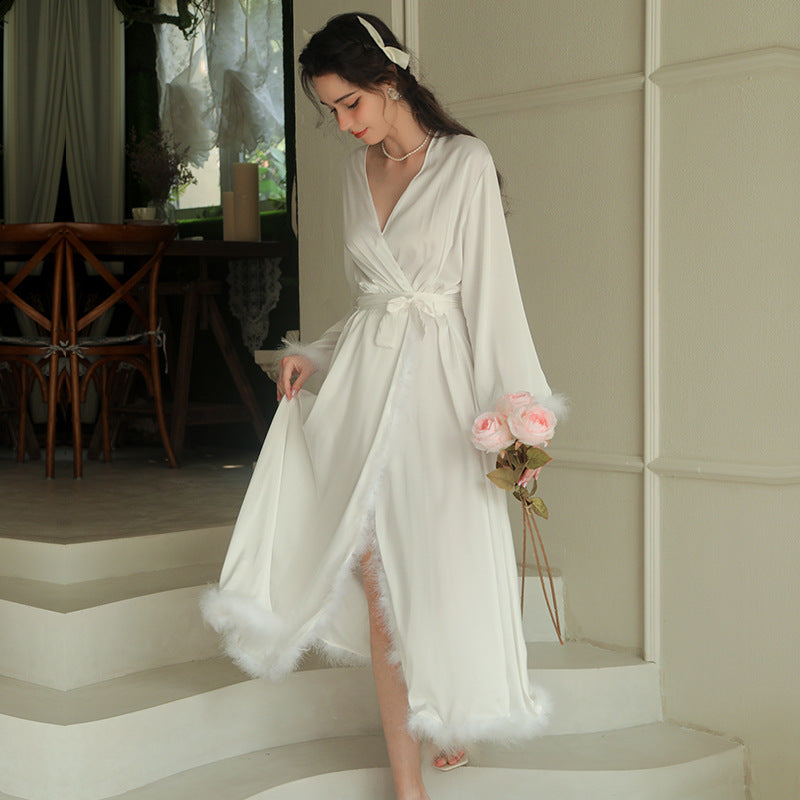Women's Feather Satin Long Robe