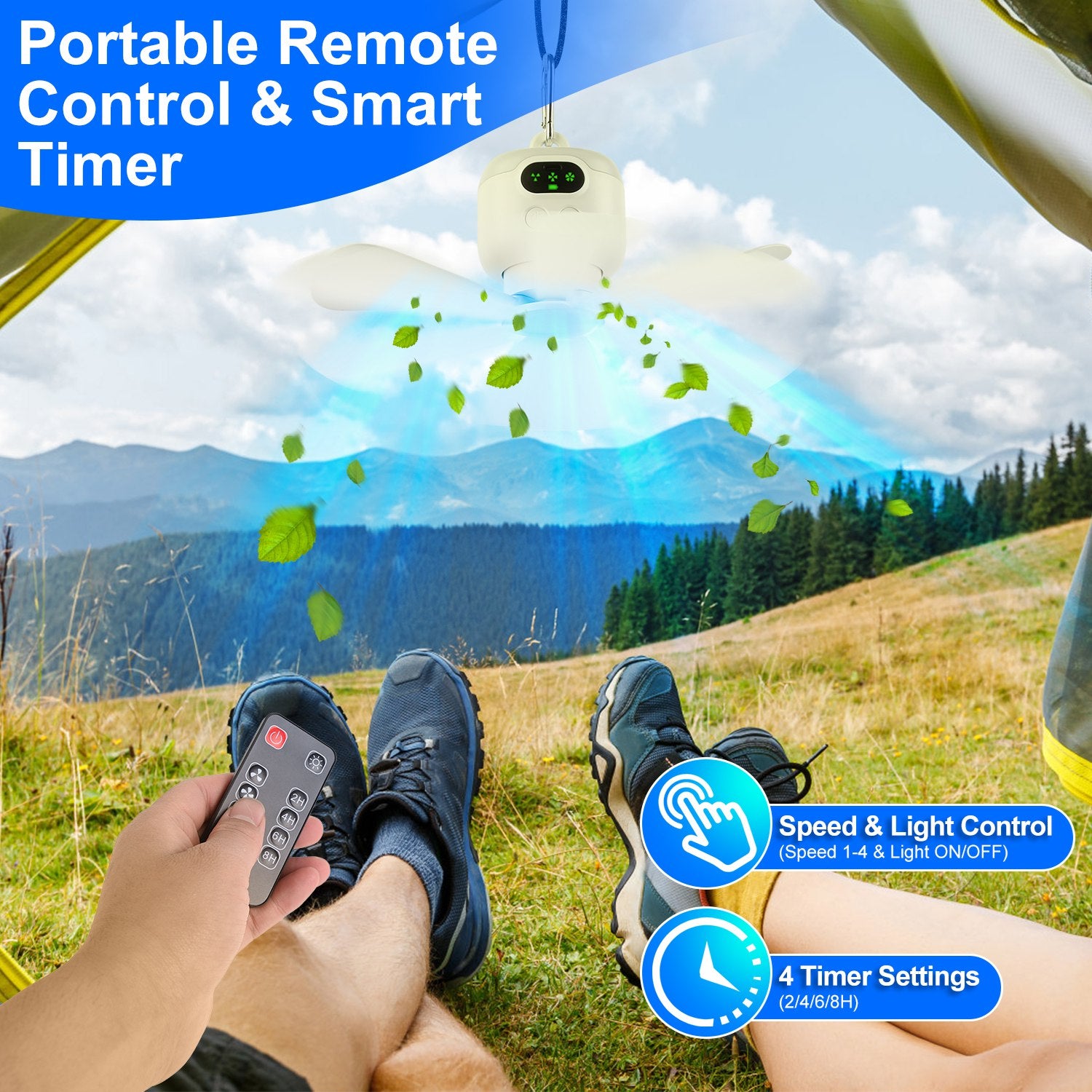 1Pc 2 In 1 Portable Camping Fan With LED Lantern 8000mAh Battery Powered Tent Fan With Carabiner Digital Display 4 Speeds 4 Timer Settings For Camping Canopy Tents RV