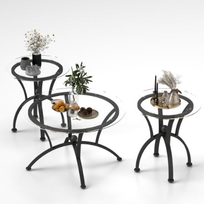 3 Piece Tempered Glass Surface Coffee Table Set, Decor Coffee Table Round End Side Table With Sturdy Construction For Living Room Rustic Black