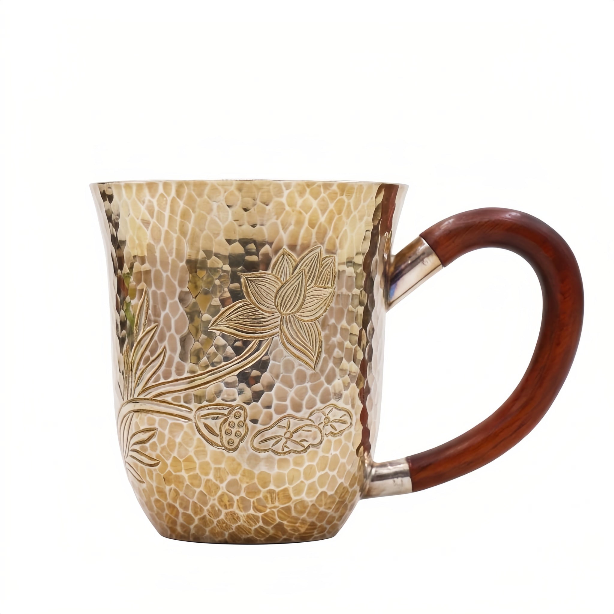 925 Sterling Silver Elegant Handcrafted Metal Mug with Gold Lotus Engraving and Wooden Handle-Premium Master Cup - Handicraft