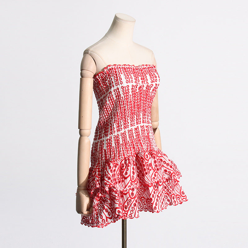 Y2K Tube Top Pleated Dress Ins Fashion Print A-Line Short Dresses For Beach Party Clothing Women