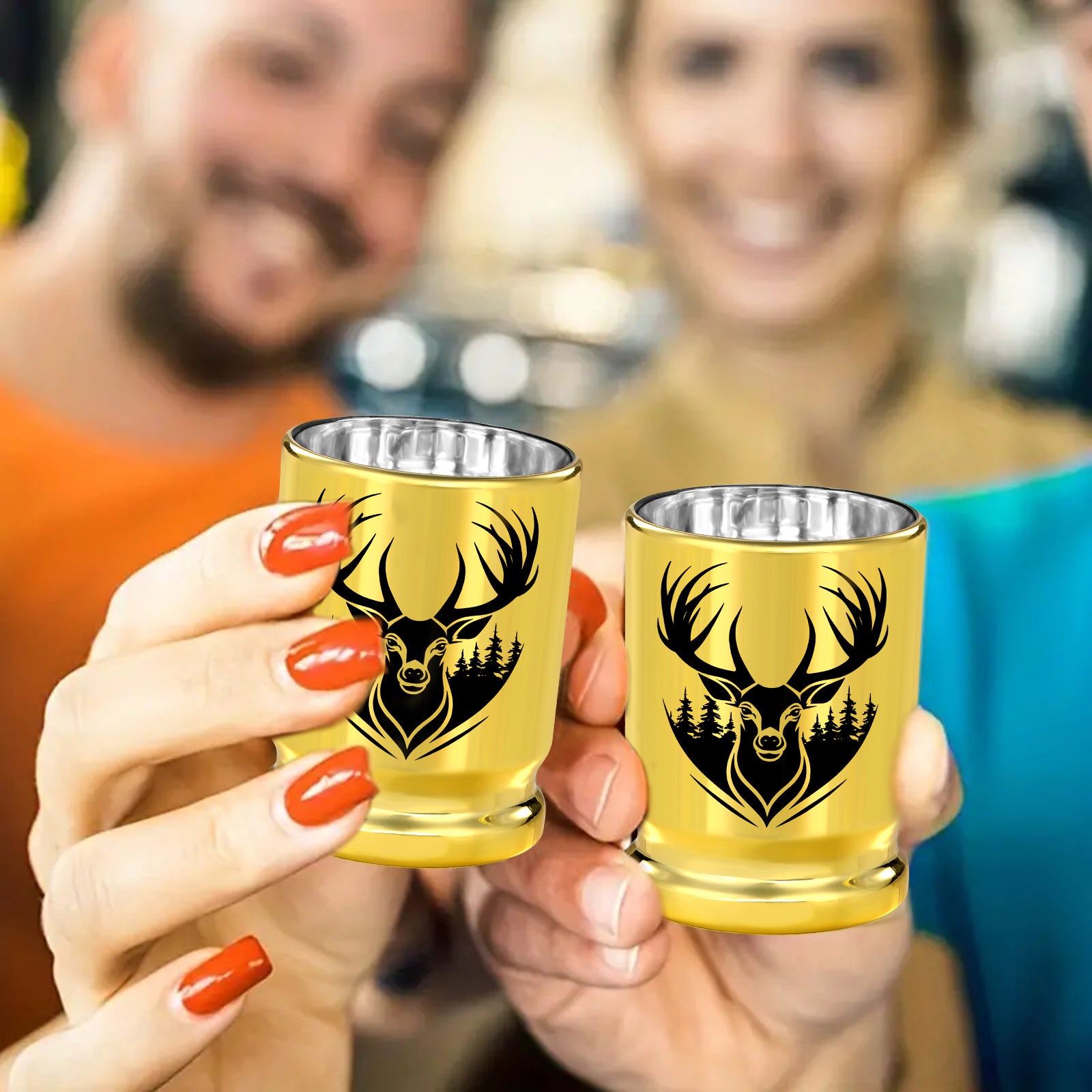 2pcs 50 Caliber Deer Head Golden Plastic Wine Glasses With Gift Box - Leak Proof, Reusable - Stylish Animal Print Design, Suitable For Whiskey, Tequila, Etc