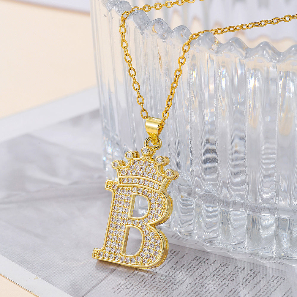 1PCS Fashionable Gold Diamond Crown Uppercase Letter Popular Pendant Necklace, Suitable For Daily Use, Festivals, Parties, Gifts Jewelry Set