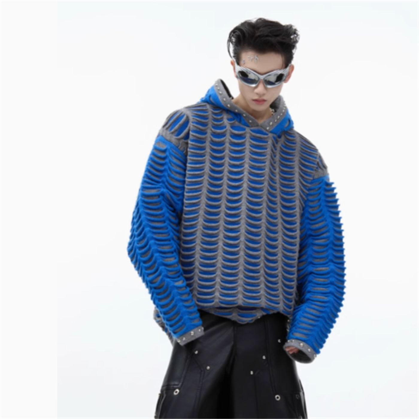 Contrast Color Knitted Hooded Sweatshirt With Metal Rivets For Women