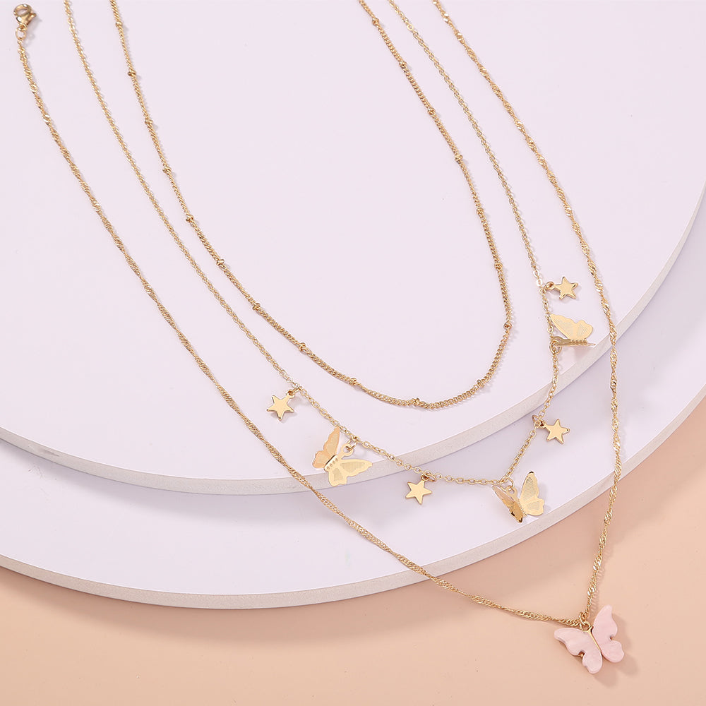 Simple Temperament Net Red Multi-Layer Butterfly Three-Layer Necklace Female South Korea Metal Star Multi-Layer Necklace INS Clavicle Chain