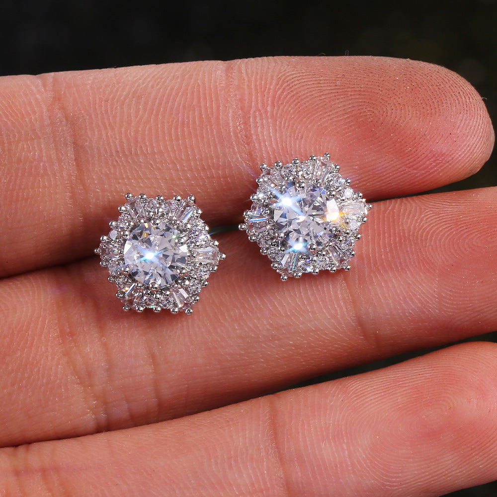 1 Pair Sparkly Hexagon Full Cubic Zirconia Stud Earrings For Women, Luxury Shiny Hypoallergenic Earrings For Daily Wear Wedding Party