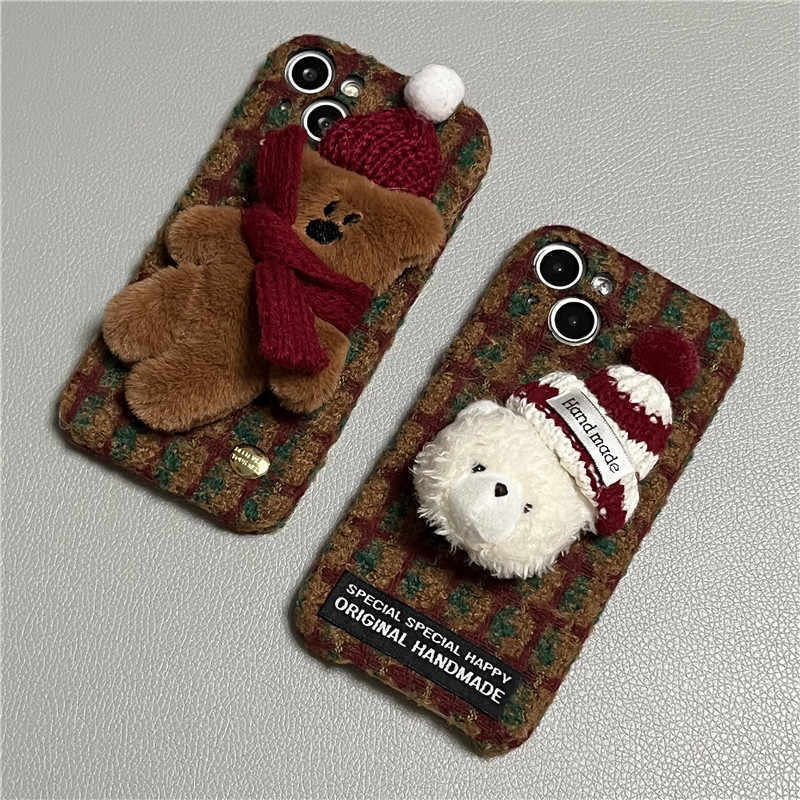 Autumn Winter Red Plush Plaid Hat Bear Drop-resistant Protection Mobile Phone Shell