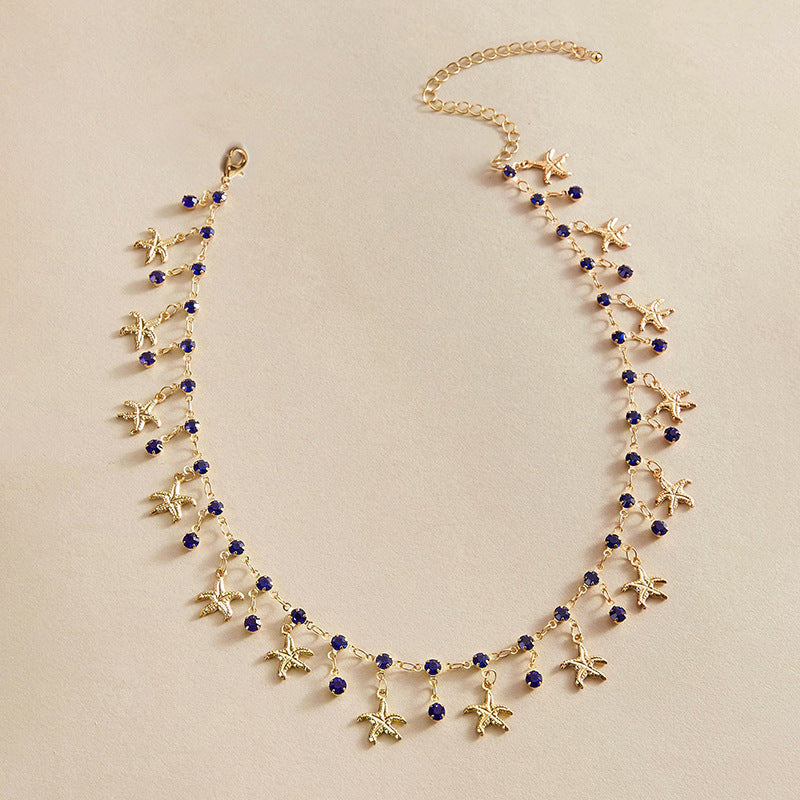 Royal Blue Tassel Alloy Starfish Palace Style Necklace Women