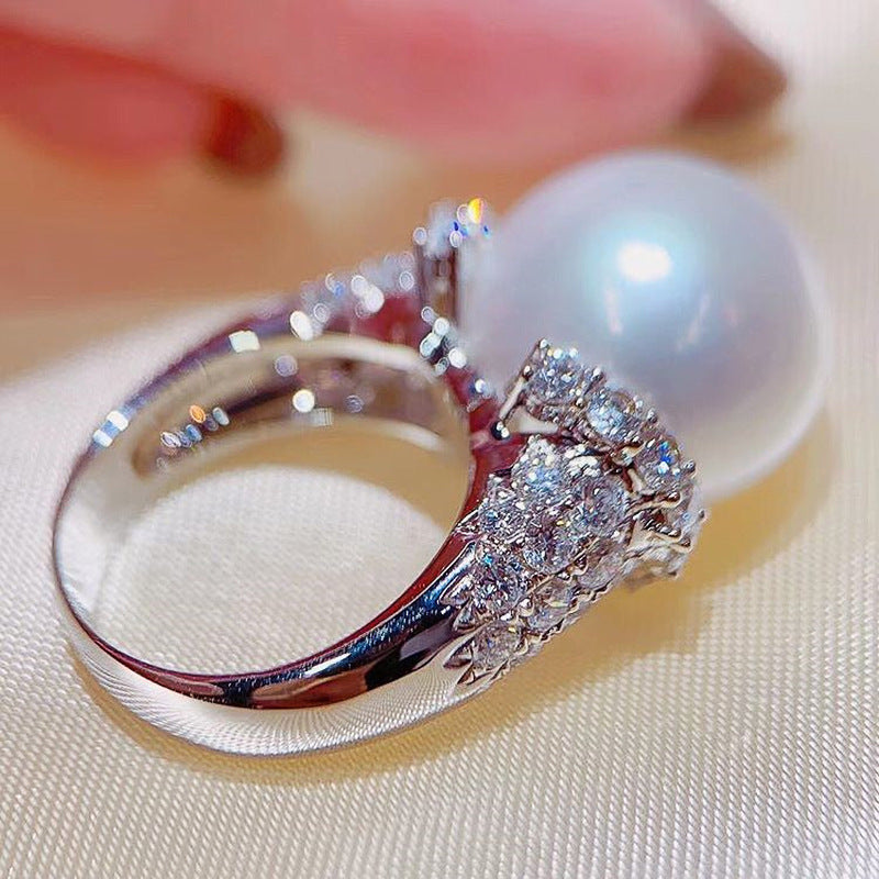 Large Pearl Full Diamond Luxury Inlaid Zircon Light Luxury Closed Pearl Ring