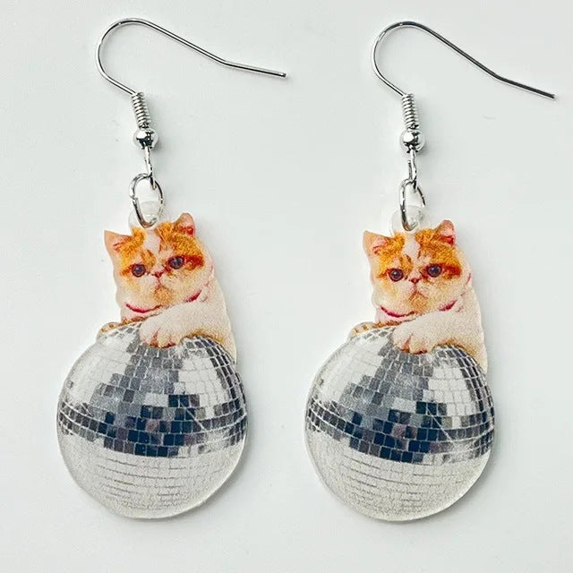 Funny Earrings Acrylic Cat Disco Laser Sphere Moon Alien Universe Fly