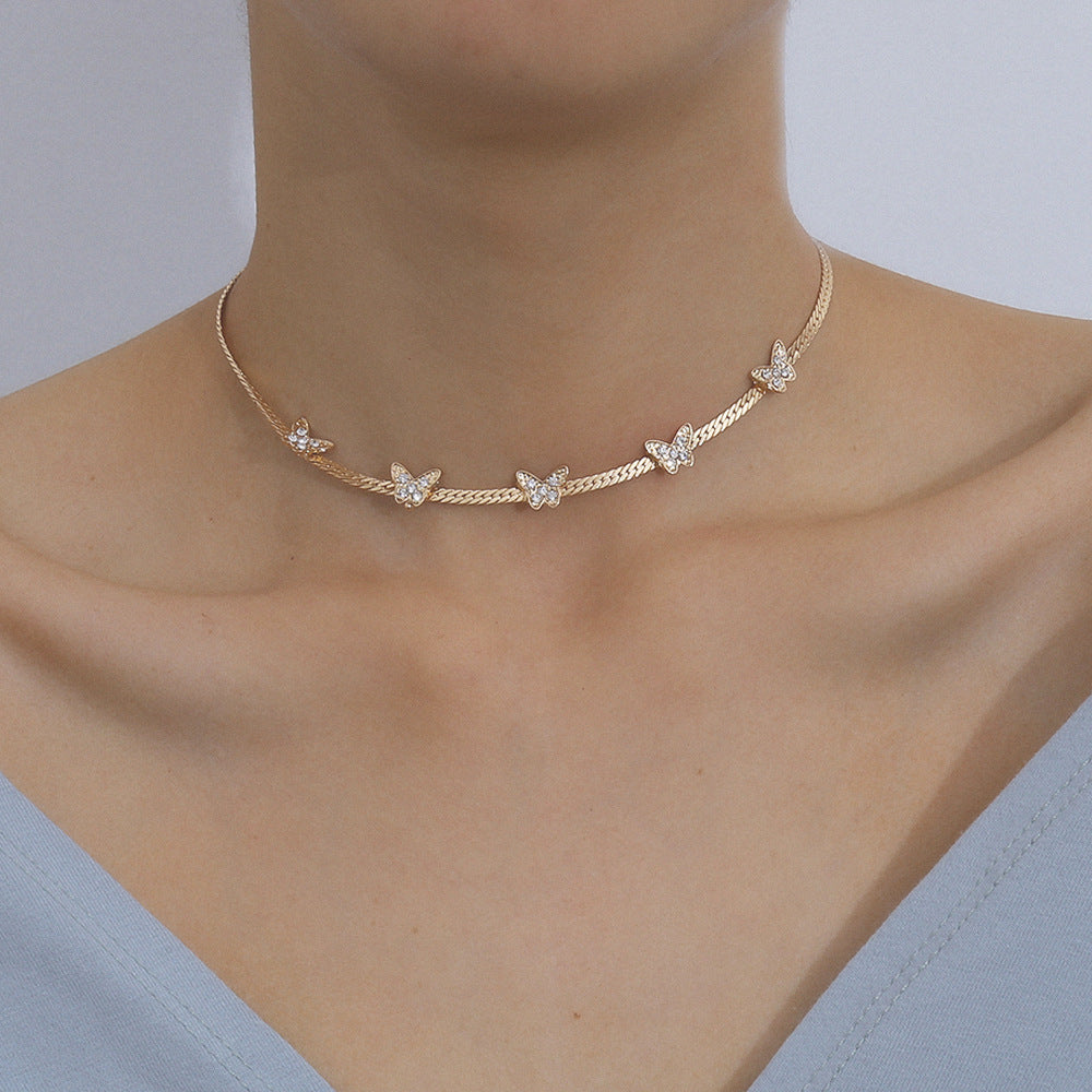 Simple Women's Flat Chain Diamond Butterfly Necklace Choker