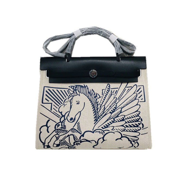 Classic Kelly Canvas With Leather Shoulder Diagonal Hand-Held Pegasus Graffiti Fashion Leather Handbags